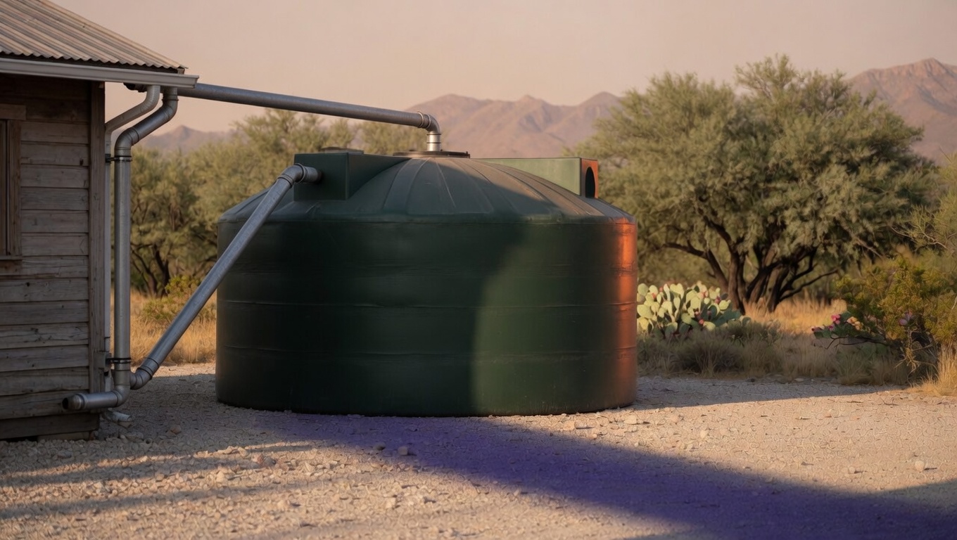 Large green polyethylene cistern beside a small wooden cabin in Arizona high desert at golden hour