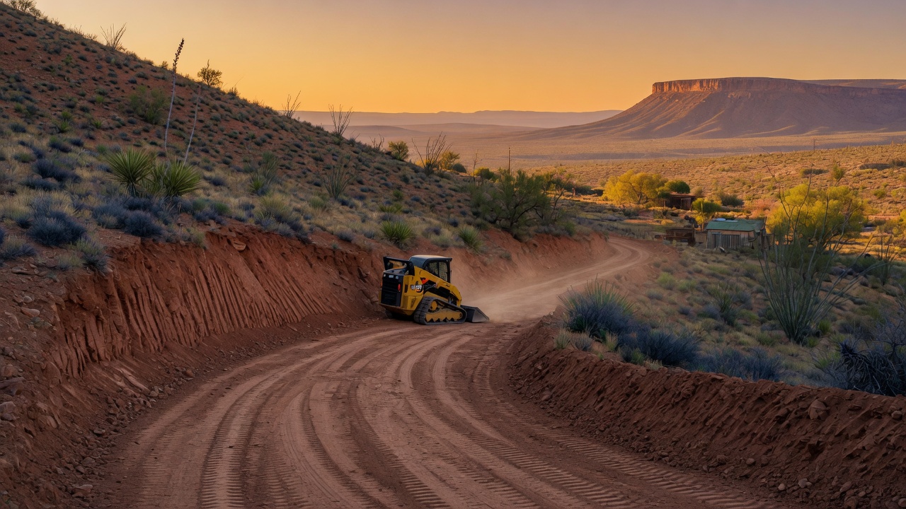 Skid-steer loader grading a rural driveway into an Arizona high desert hillside at golden hour