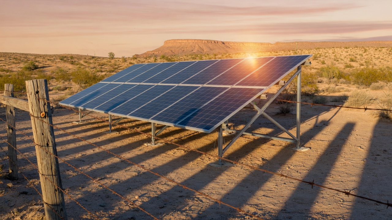 Solar array on a steel ground-mount rack at precise winter tilt angle facing south on Arizona high desert