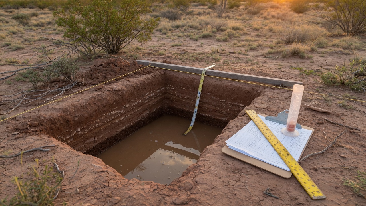 Percolation test in progress on Arizona high desert rural land — soil hole with measuring tape and clipboard