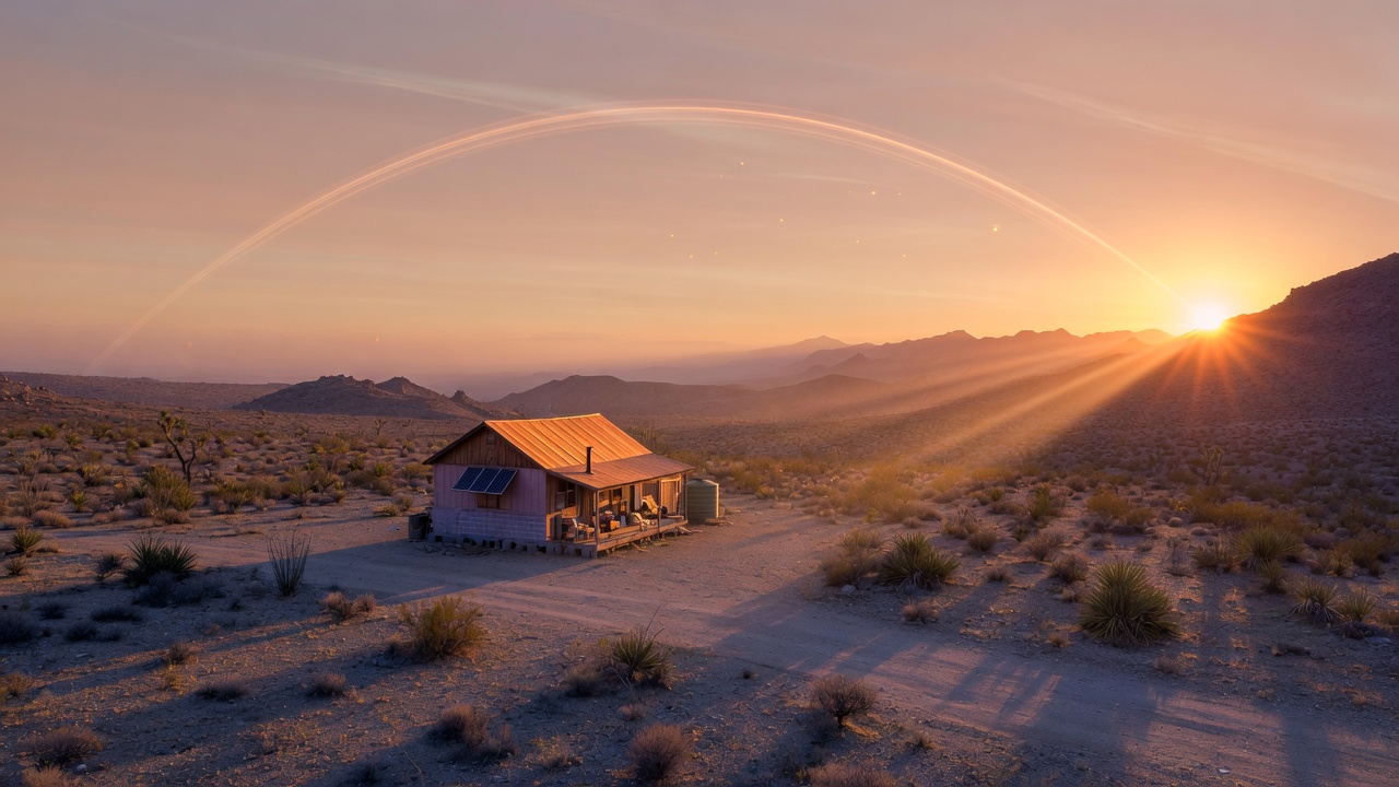 Sunrise over Arizona high desert with long shadows and warm light on a small off-grid cabin